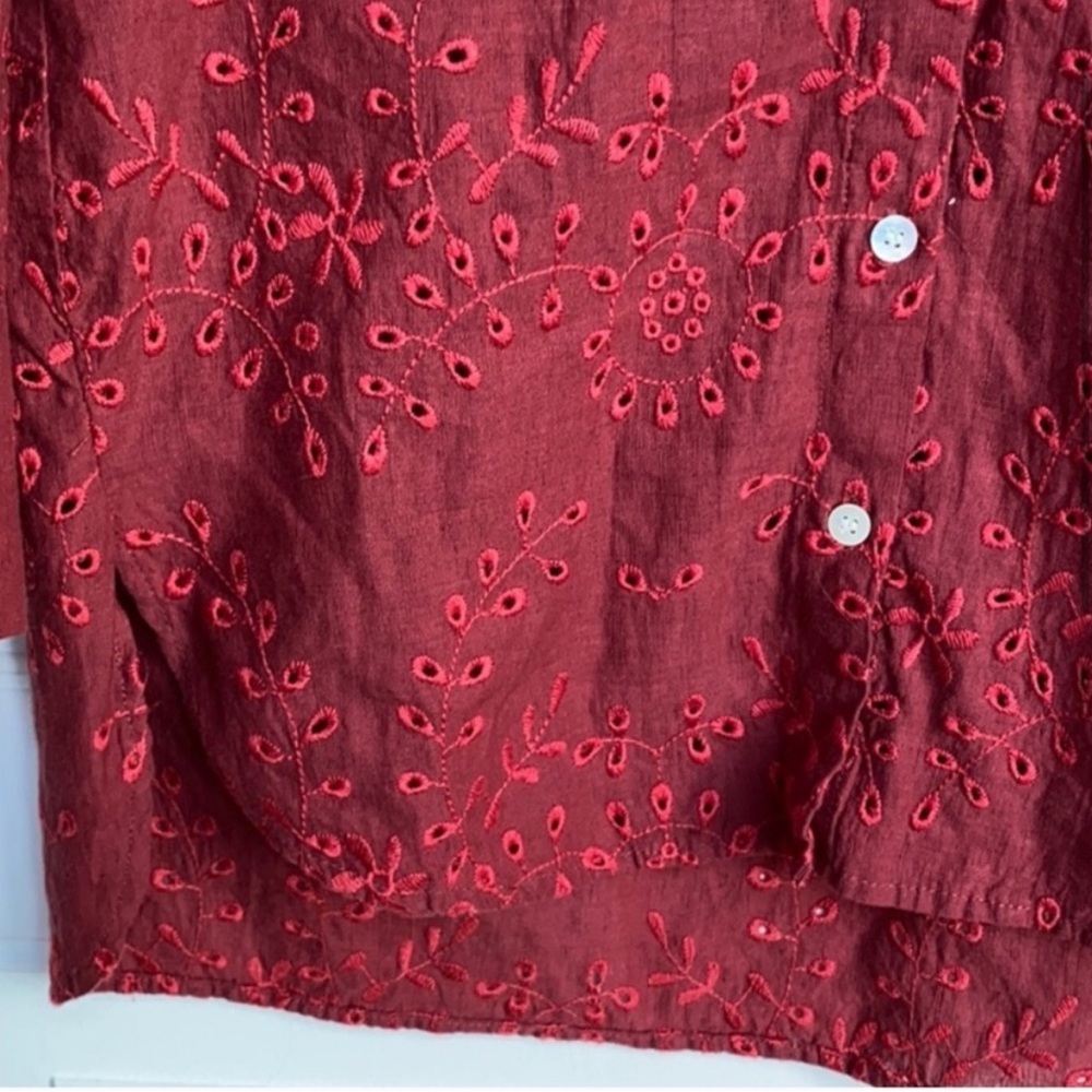 Zara Linen Blouse Women's X-Small Red Eyelet Button Up Shirt 3/4 Sleeve Cotton - Picture 5 of 7